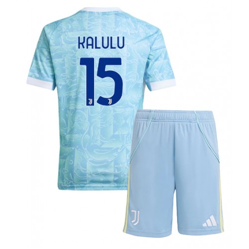 Stroje piłkarskie Juventus Pierre Kalulu #15 Koszulka Wyjazdowej dla dzieci 2025-26 Krótki Rękaw (+ szorty)